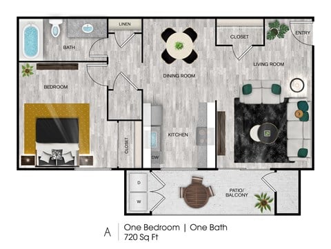 Floor plan for 1 bed, 1 bath, 720 sqft